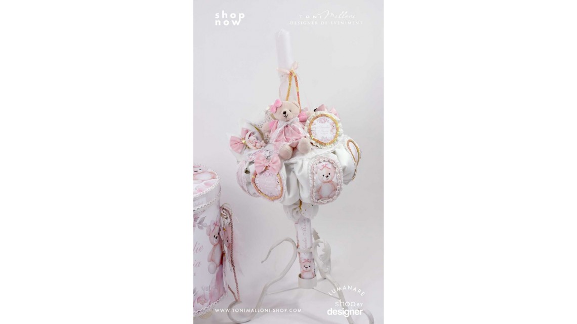 Lumanare de botez roz pal cu ursuleti de plus Teddy Bear Pink 2024 5